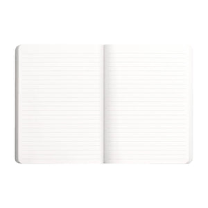 An open lined notebook with blank white pages, centered on a solid white background.