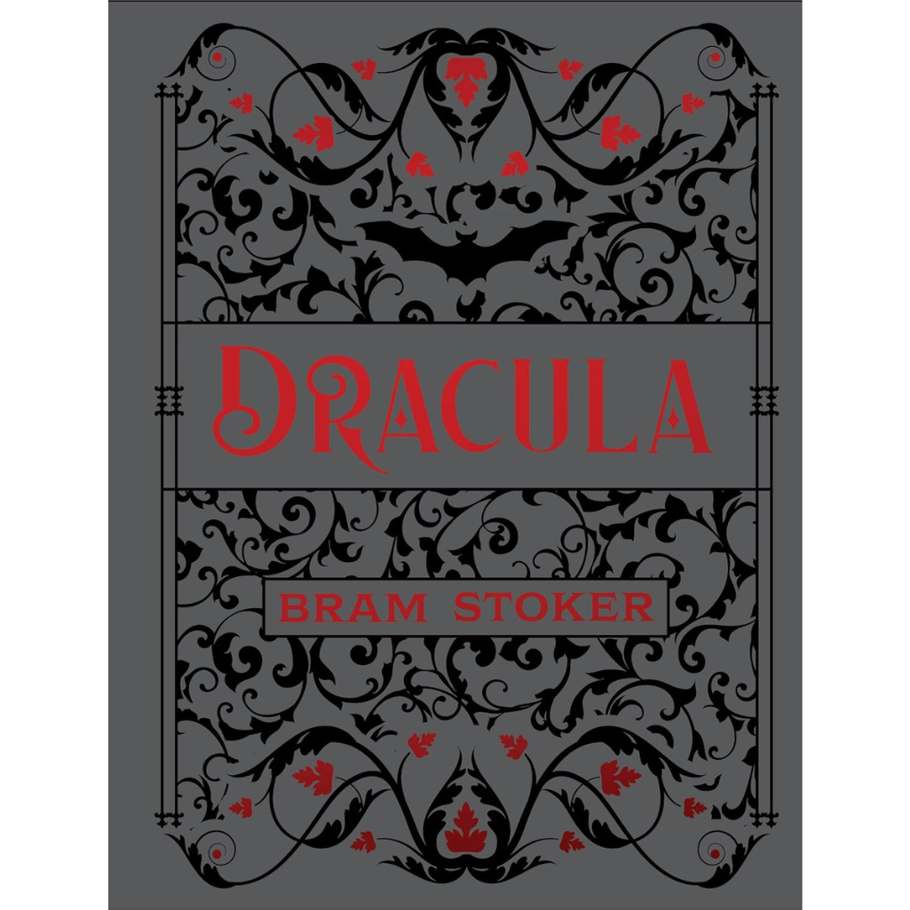 Book cover of 'Dracula' by Bram Stoker with decorative black and red design on a gray background