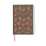 Green book with pink lock pattern and text on a white background