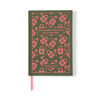Green book with pink lock pattern and text on a white background