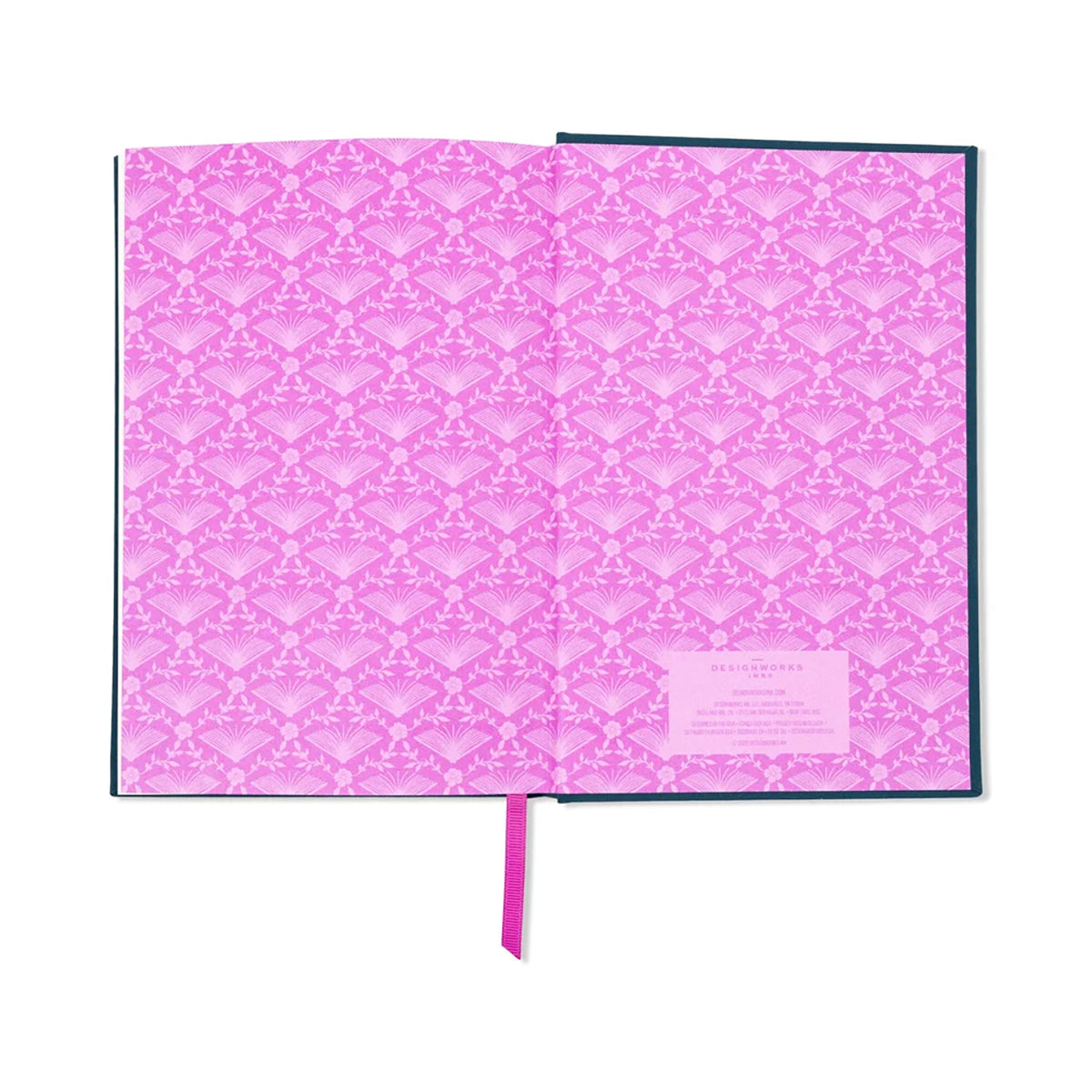 An open notebook or journal with bright pink patterned interior pages and a matching pink ribbon bookmark, shown on a plain white background.