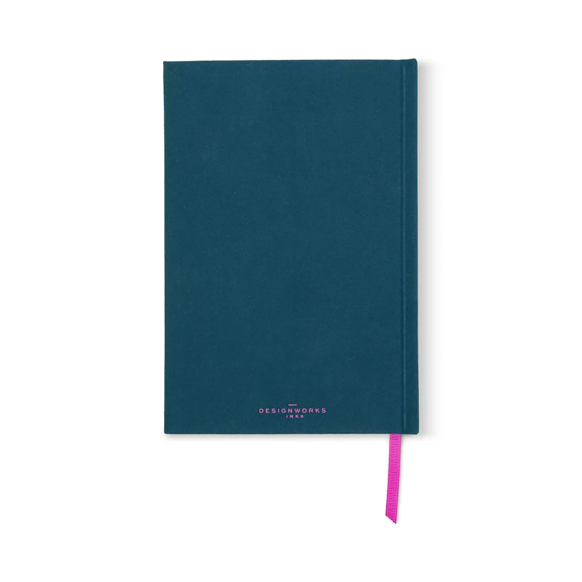 A dark teal hardcover notebook with a small pink ribbon bookmark and 'DESIGNWORKS INKS' printed in pink at the bottom, shown on a plain white background.