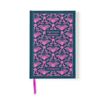 Notebook with pink book pattern and 'Page Turners Anonymous' text on a teal background