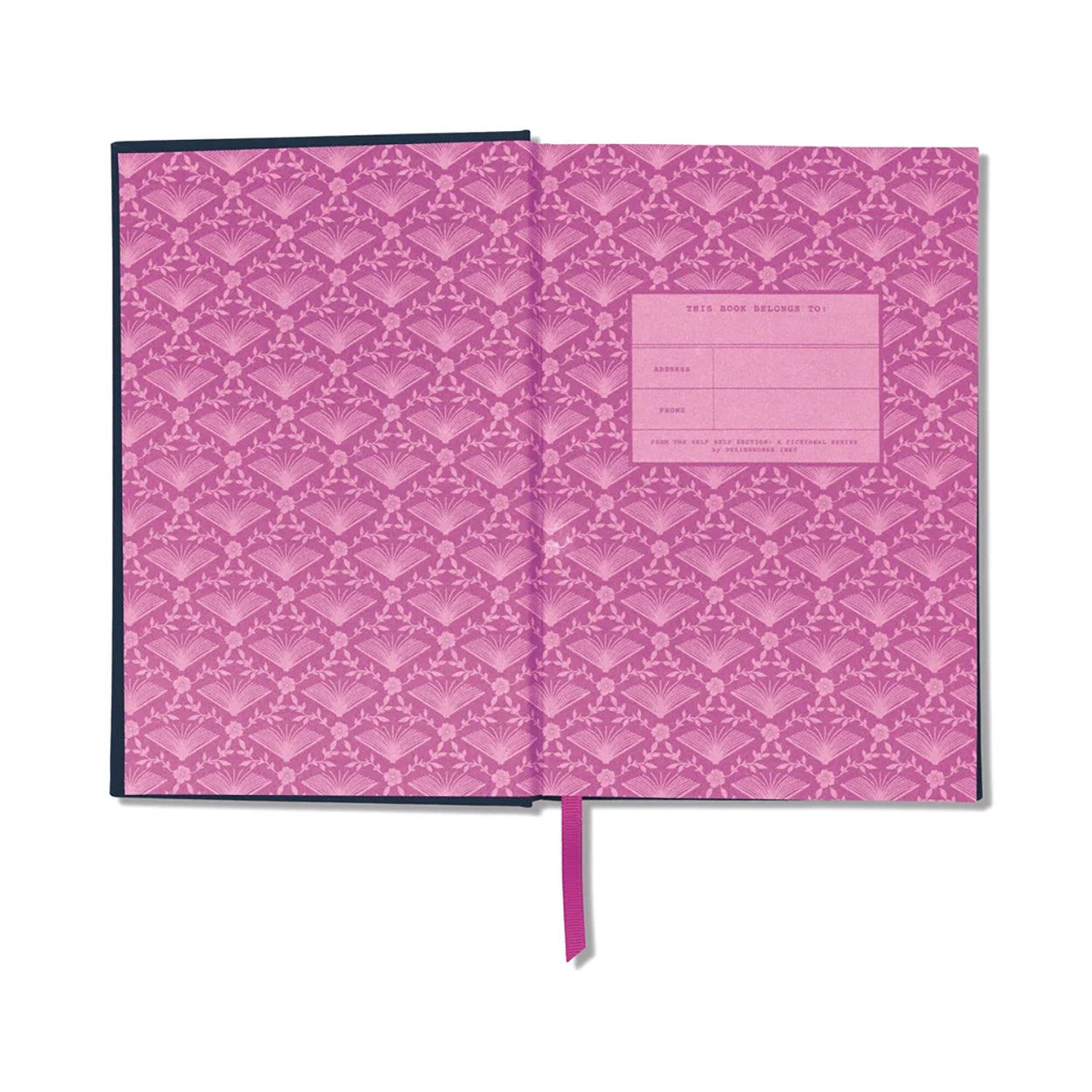 An open notebook or journal with a pink damask patterned cover and matching pink ribbon bookmark, shown on a plain white background.