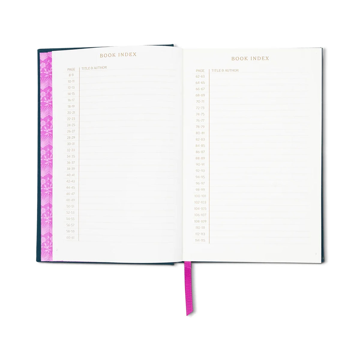 An open book index planner or notebook showing two white index pages with printed columns, a dark blue cover edge, and a bright pink ribbon bookmark and pink floral patterned page border, on a white background.