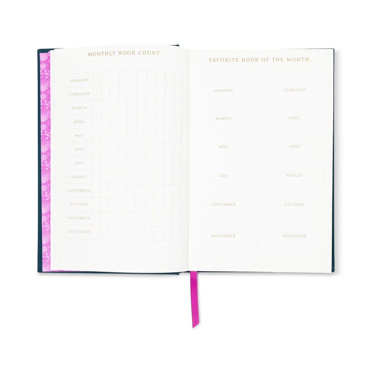 An open hardcover planner or journal showing two interior pages: a monthly book count grid on the left with a pink patterned page border, and a favorite book of the month list on the right with a pink ribbon bookmark.