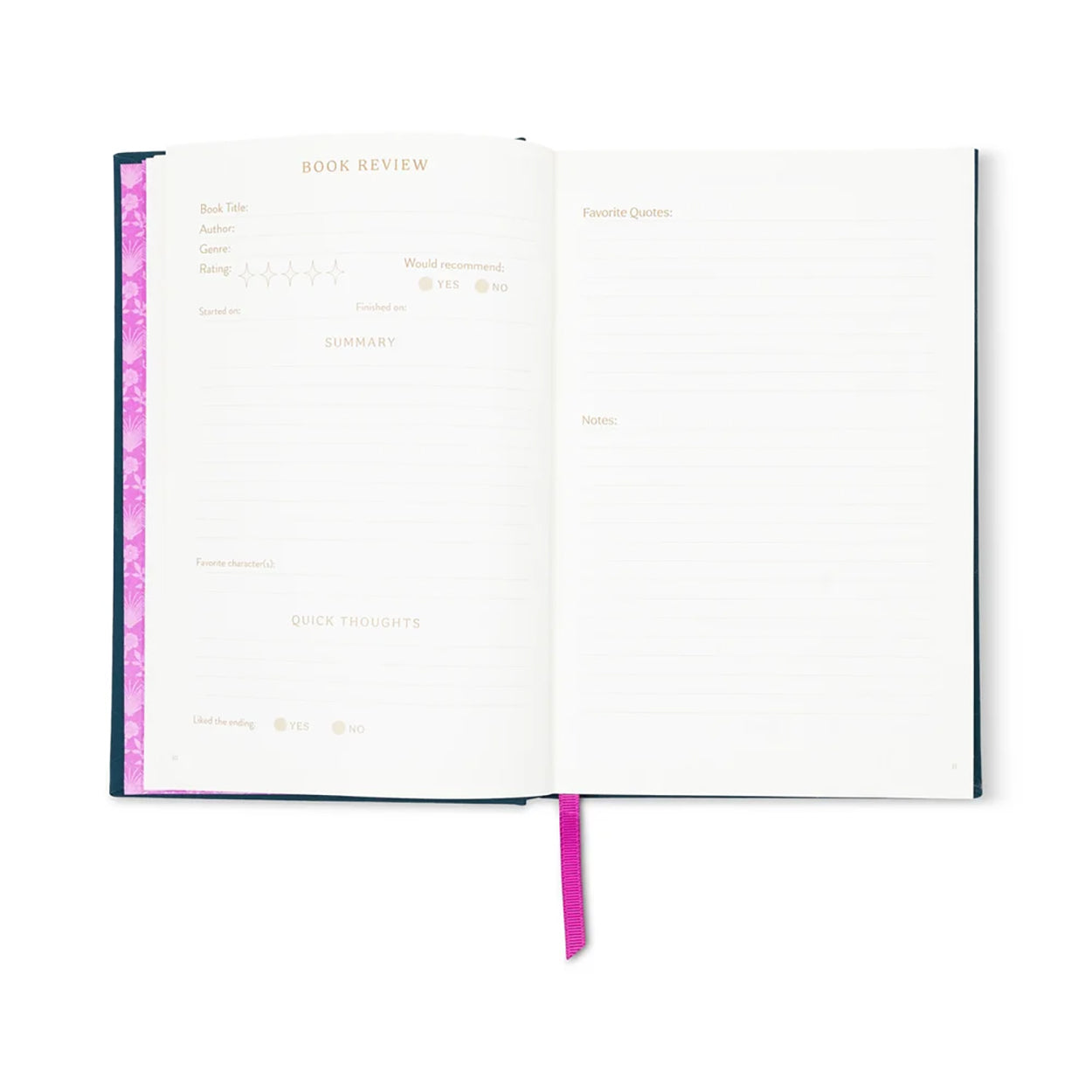 An open book review planner with blank lined pages, gold text headers, a pink patterned left margin, and a bright pink ribbon bookmark, shown on a white background.