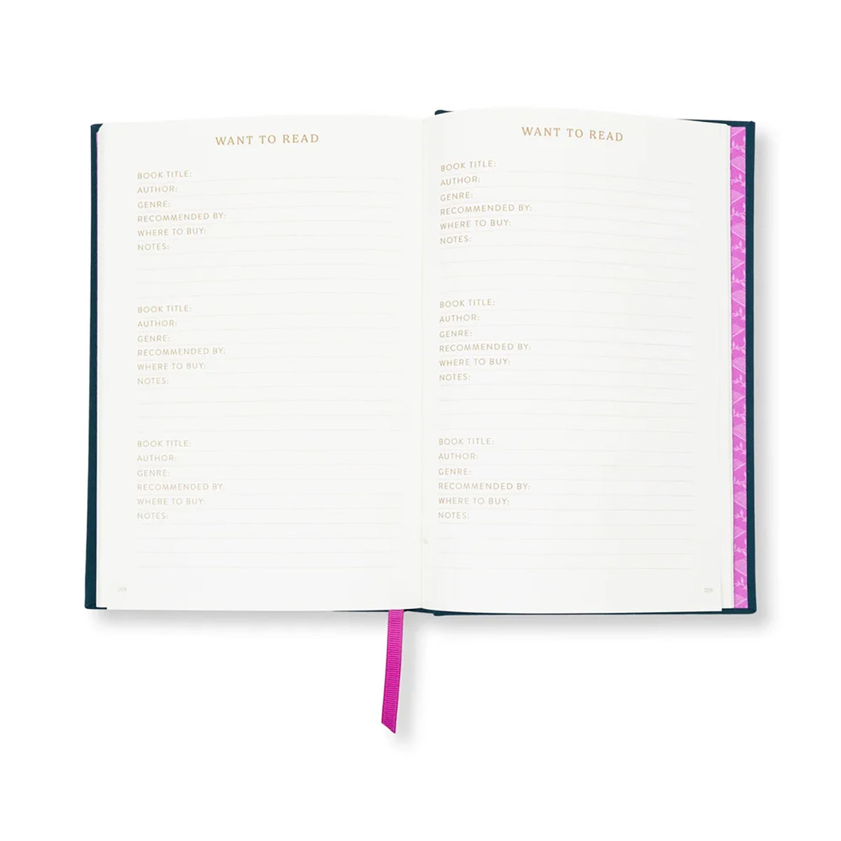 An open hardcover book or journal with lined pages and printed 'Want to Read' columns, shown on a clean white background. The cover is dark blue, and a pink ribbon bookmark hangs from the bottom center.