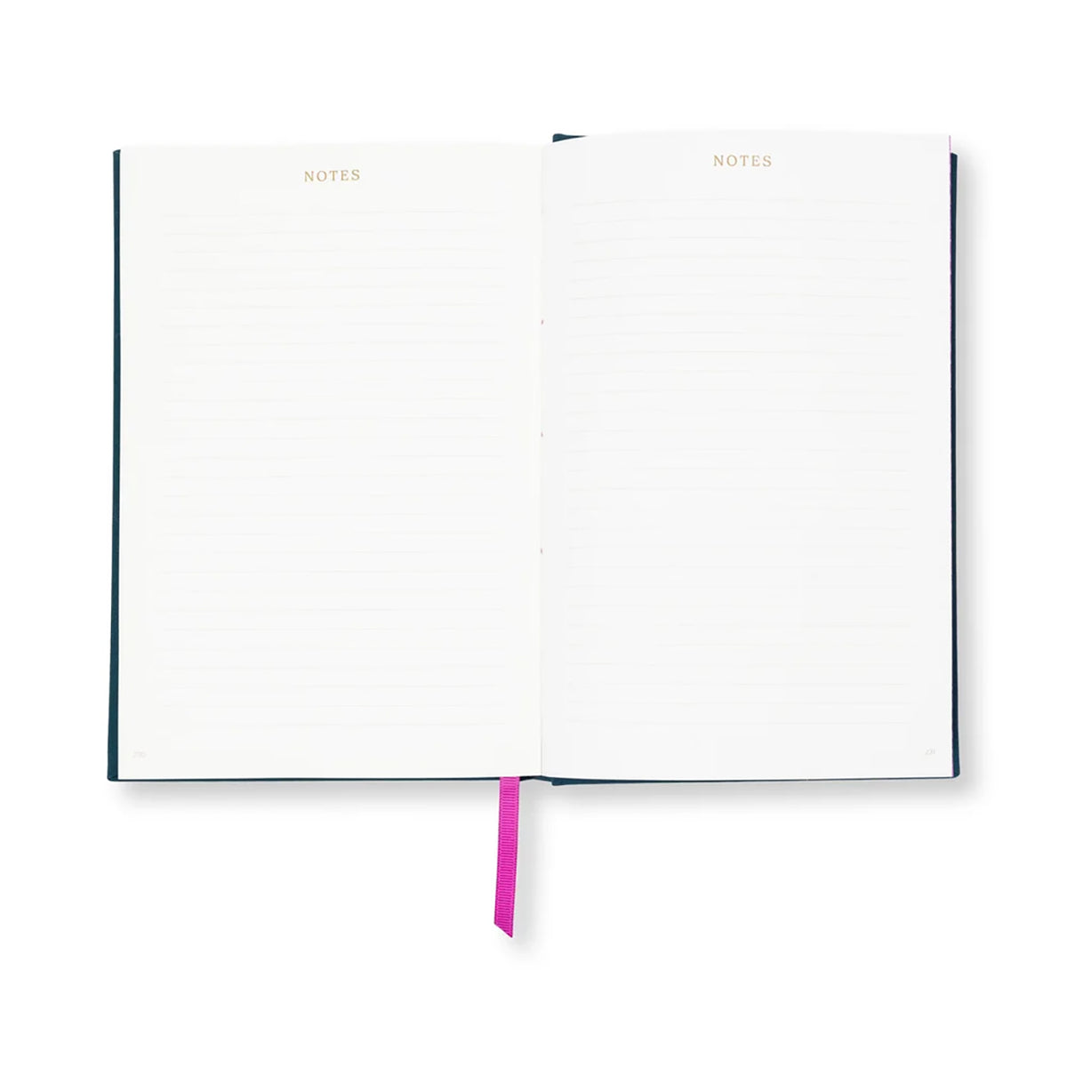 An open notebook with blank lined pages, gold 'NOTES' text at the top of each page, and a bright pink ribbon bookmark, shown on a white background.