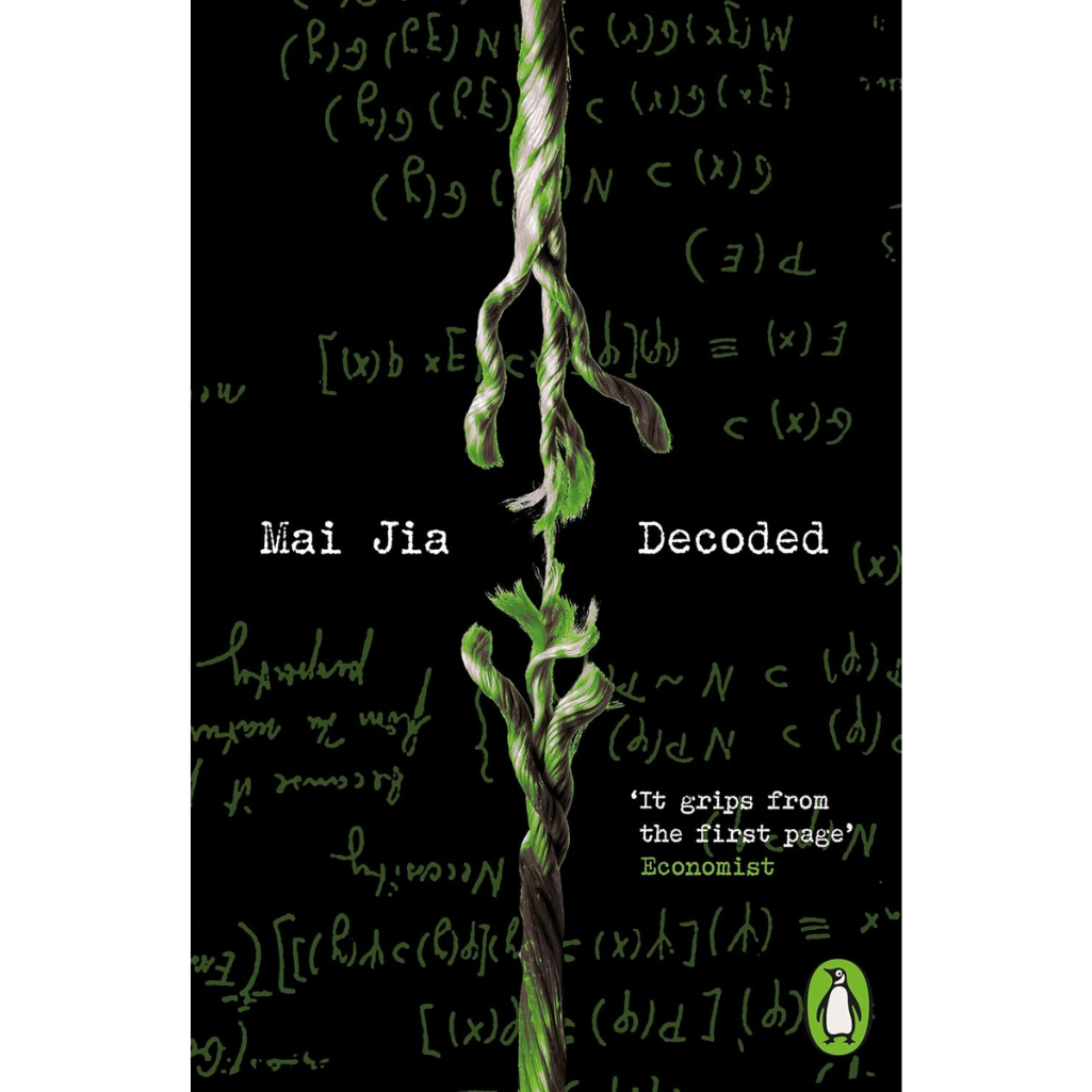 Book cover for 'Decoded' by Mai Jia, featuring a green vine wrapping vertically down the center of a black background filled with green mathematical equations and handwritten formulas. The Penguin logo is visible in the bottom right corner.