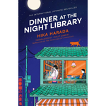 Book cover for 'Dinner at the Night Library' by Hika Harada, featuring an illustrated night scene with a lit library window, a cat on a green-tiled roof, and a dark blue sky with a full moon.