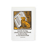 Card with a dog reading a book illustration and Groucho Marx quote on a white background