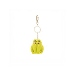 Green plush frog keychain with a smiley face on a white background