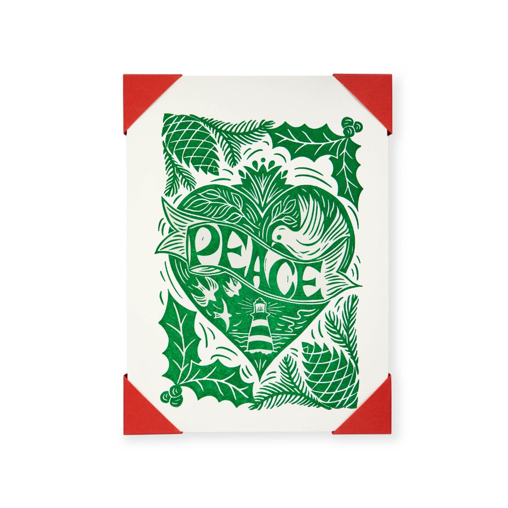 Christmas card with green holly design and 'Peace' text on a white background