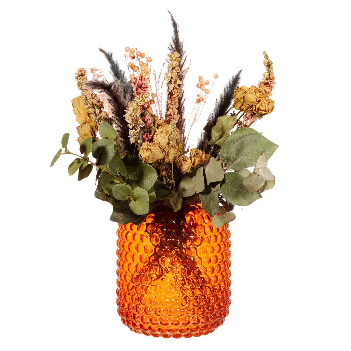 Image of Amber Glass Bobble Vase with flowers