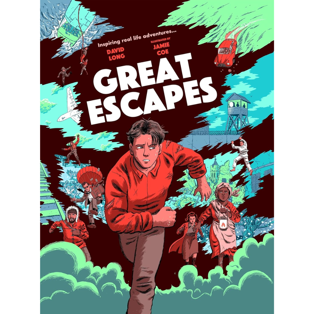 Book cover of 'Great Escapes' with a central figure in a red shirt and various illustrations on a dark background.