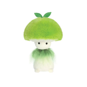 Plush toy shaped like a green mushroom on a white background