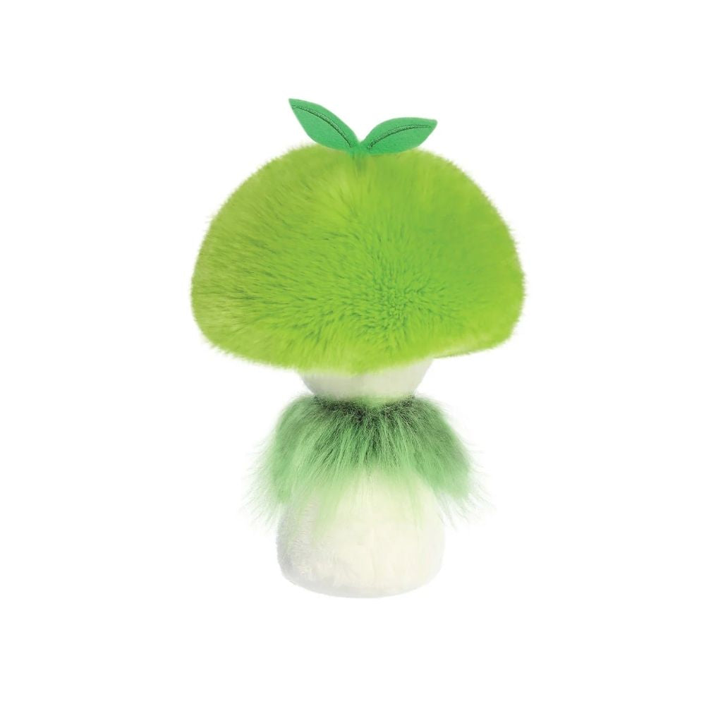 Green plush mushroom toy on a white background