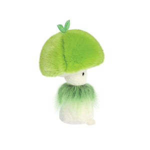 Green plush mushroom toy on a white background