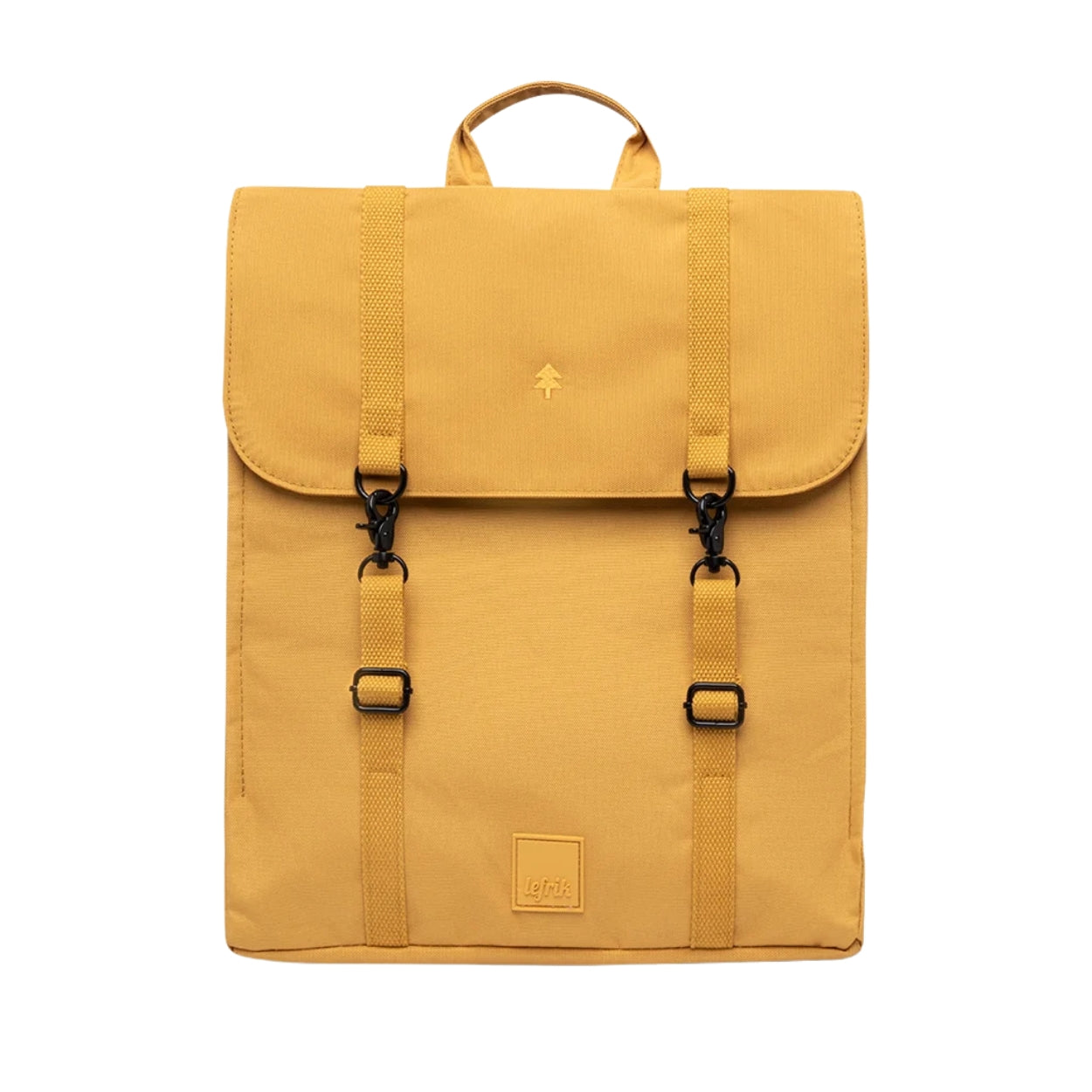 A mustard yellow backpack with a top handle, two front buckle straps, and a small square logo patch near the bottom, shown against a plain white background.