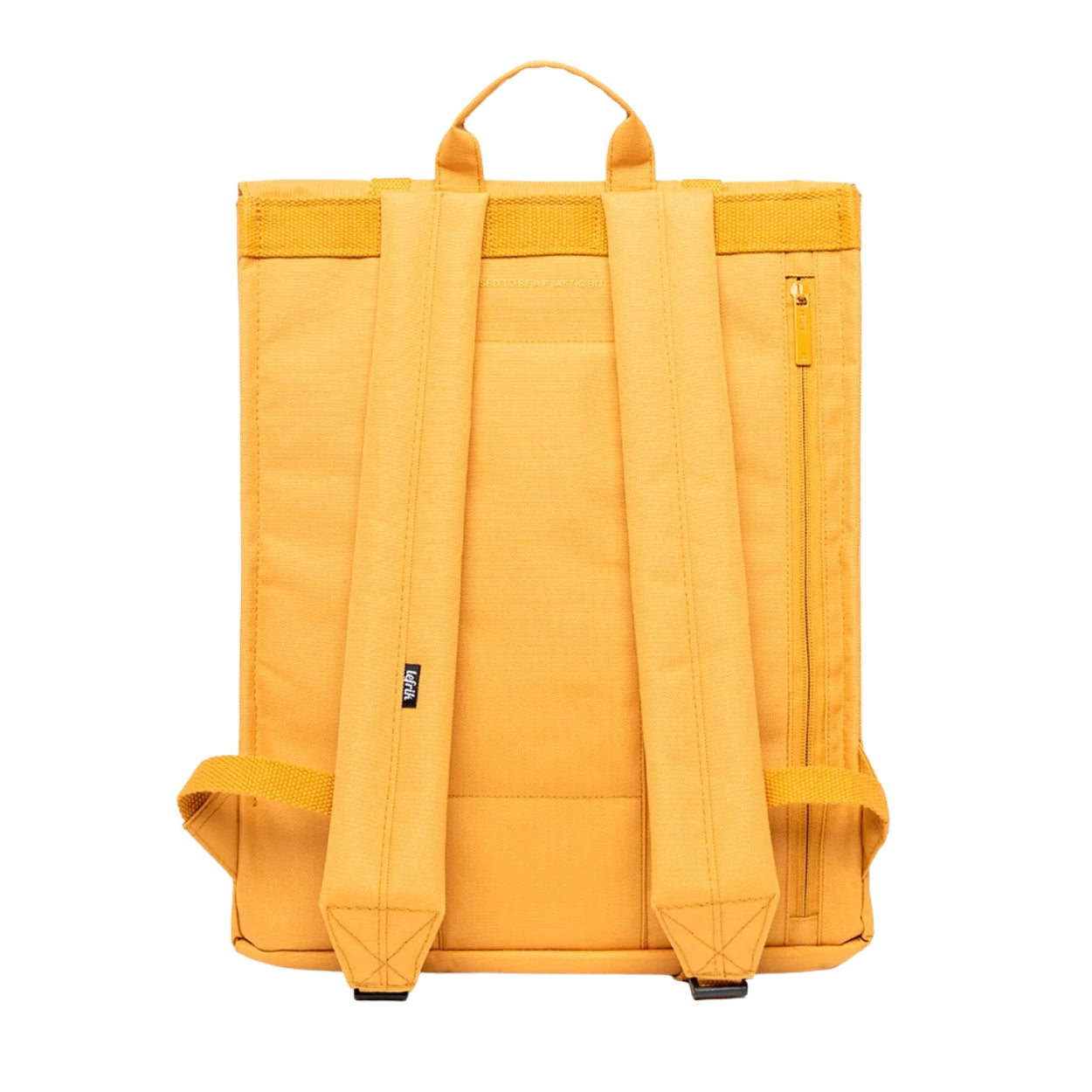 A yellow backpack shown from the back, featuring dual padded shoulder straps, a top carry loop, and a vertical zippered pocket on the right side, photographed against a solid white background.
