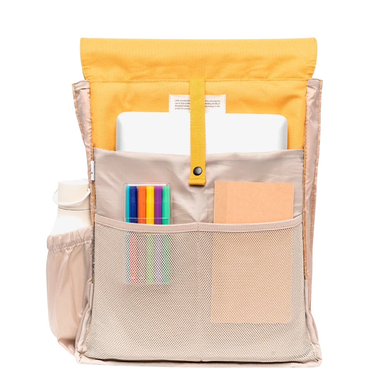 Internal view of a beige mesh organiser backpack with a bright yellow interior flap and a yellow strap, shown against a white background. The backpack contains various items like a notebook, a bottle, and colorful sticky notes.
