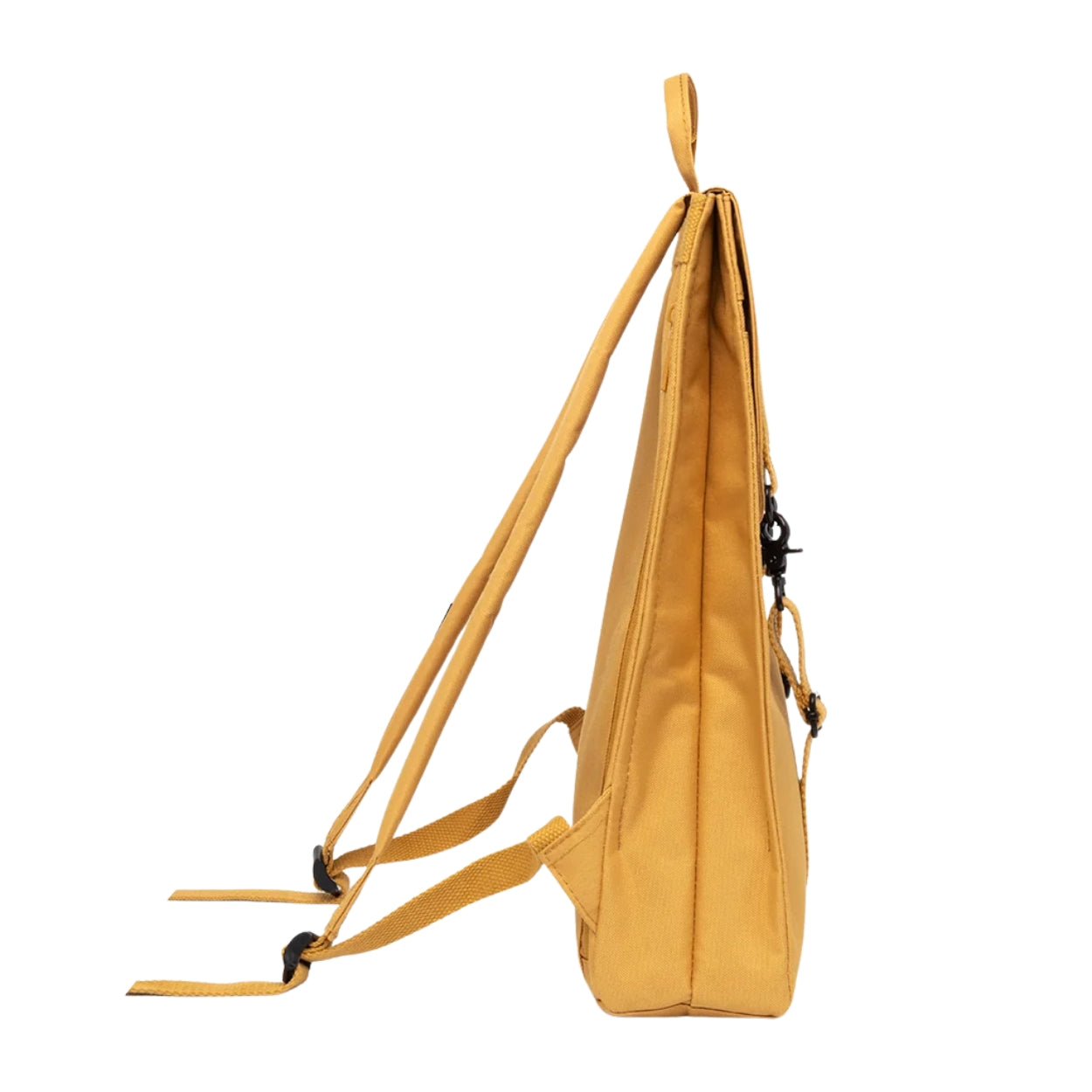 A mustard yellow backpack shown from a side profile view against a solid white background.