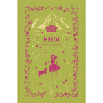 A book cover for 'Heidi' by Johanna Spyri, featuring a light olive green background with a magenta border of flowers and vines, a mountain and chalet in the background, and an illustration of Heidi with her dog.