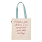 Tote bag with red text on a white background