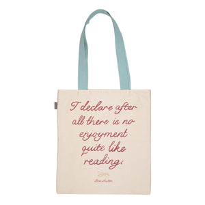Tote bag with red text on a white background