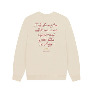 Beige sweatshirt with red text on a white background
