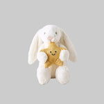 White plush bunny holding a gold star with a smiley face on a light gray background