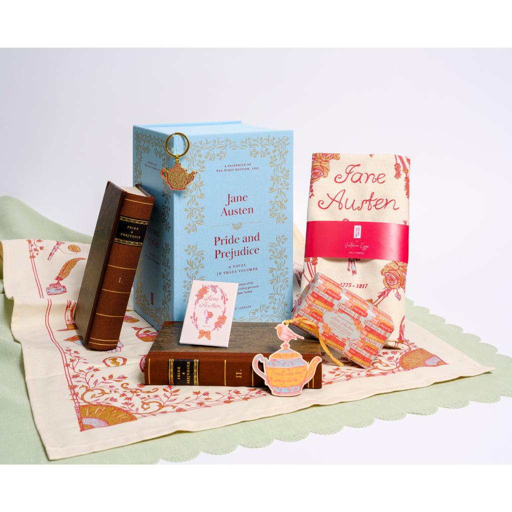 Gift collection featuring the Pride and Prejudice facsimile, tea towel, lavender soap, teapot magnet and keyring, and  keepsake magnet. 