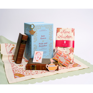 Gift collection featuring the Pride and Prejudice facsimile, tea towel, lavender soap, teapot magnet and keyring, and  keepsake magnet. 