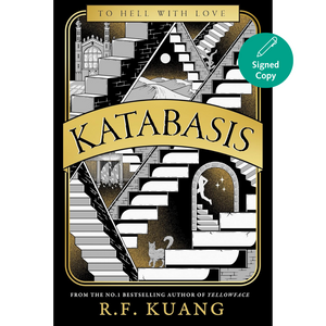 Book cover of 'Katabasis' by R.F. Kuang with stylized staircase design and 'Signed Copy' label.