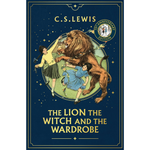 Book cover of 'The Lion, the Witch and the Wardrobe' by C.S. Lewis with a lion, two children, and decorative elements.