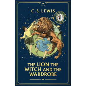 Book cover of 'The Lion, the Witch and the Wardrobe' by C.S. Lewis with a lion, two children, and decorative elements.