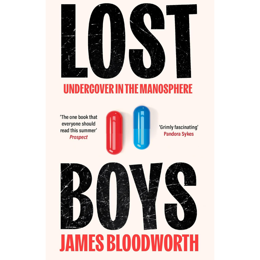 Book cover of 'Lost Boys' by James Bloodworth with text and capsule graphics on a white background.