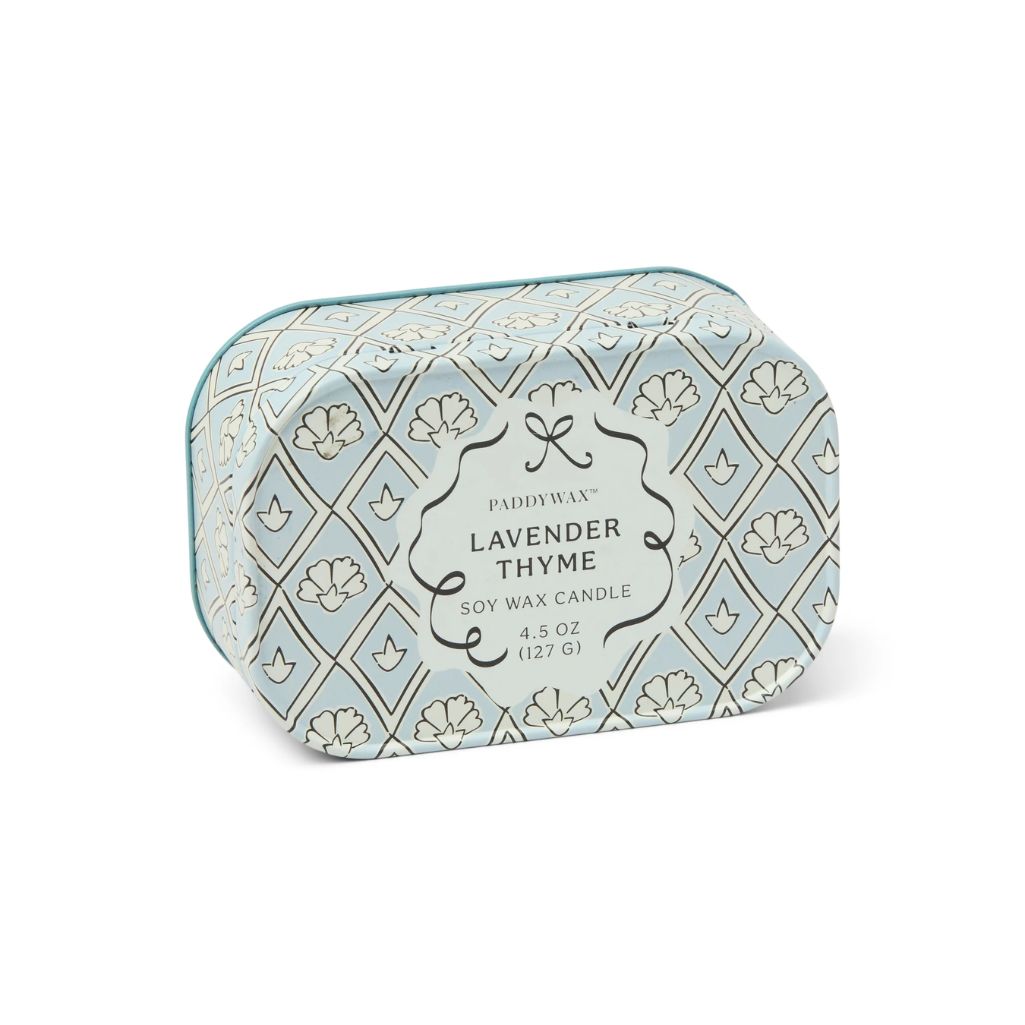 Paddywax Lavender Thyme candle in decorative tin on a white background
