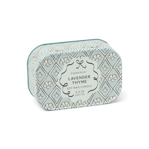 Paddywax Lavender Thyme candle in decorative tin on a white background