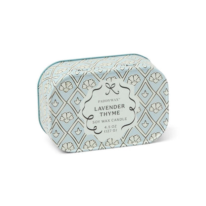 Paddywax Lavender Thyme candle in decorative tin on a white background