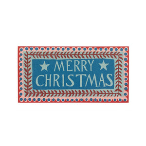 Decorative sign with 'Merry Christmas' text on a blue background with red border