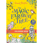 Front cover of the children's coloring book 'The Magic Faraway Tree' by Enid Blyton, featuring a bright yellow background with blue title lettering, whimsical line-art illustrations, and a blue circular badge that reads '32 pages to colour in!'.