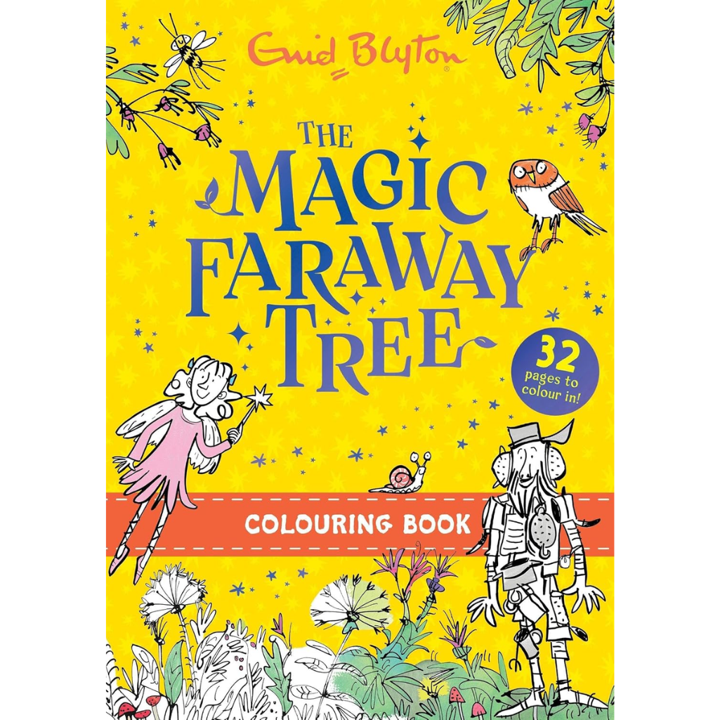Front cover of the children's coloring book 'The Magic Faraway Tree' by Enid Blyton, featuring a bright yellow background with blue title lettering, whimsical line-art illustrations, and a blue circular badge that reads '32 pages to colour in!'.