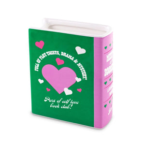 Green and pink book-shaped vase with heart design and text on a white background