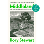 Book cover for 'Middleland' by Rory Stewart, featuring a cream background, green title and author text, and a black-and-white illustration of a rural landscape with a tree, stone walls, and a winding path. A teal circular badge on the right says 'Signed Copy'.