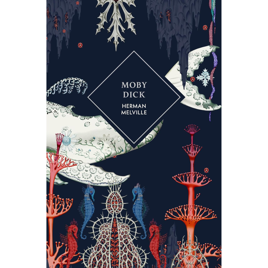 Book cover for 'Moby Dick' by Herman Melville, featuring a dark navy blue background with an intricate underwater illustration of a white whale, coral, and sea life, with the title and author names centered in a diamond frame.