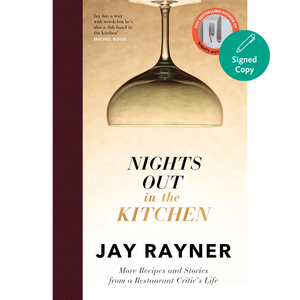 Book cover for 'Nights Out in the Kitchen' by Jay Rayner, featuring a large inverted wine glass on a warm cream background, a dark burgundy spine band, and a teal 'Signed Copy' badge.