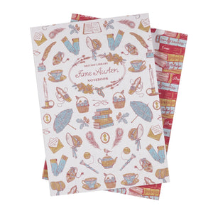 Two notebooks with decorative covers featuring illustrations and text inspired by Jane Austen.