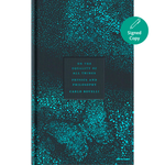 The front cover of the book 'On the Equality of All Things: Physics and Philosophy' by Carlo Rovelli, featuring a dark charcoal background with a vibrant turquoise speckled pattern. A green circular 'Signed Copy' sticker is in the top right corner.